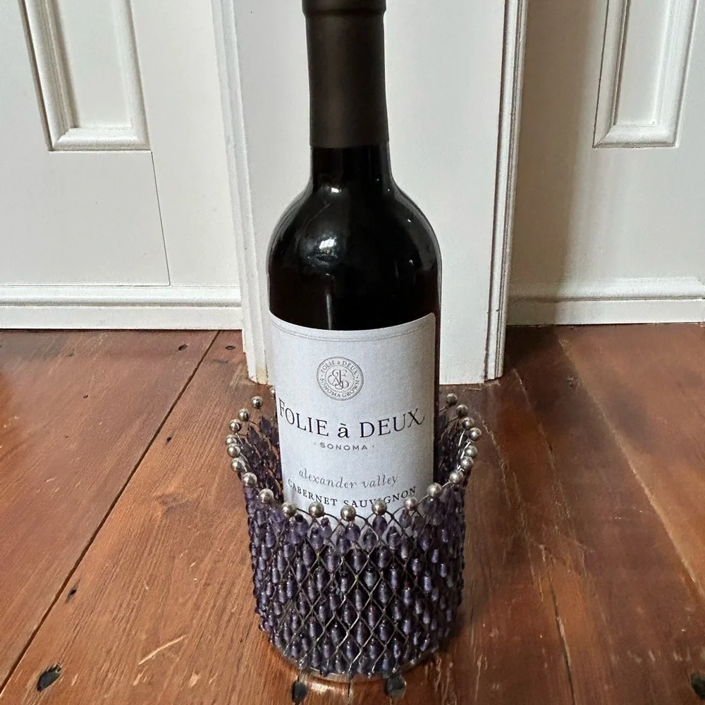 Wine Caddy Water Caddy Candle Holder purple and silver Beads 4.5”‎ x 5”